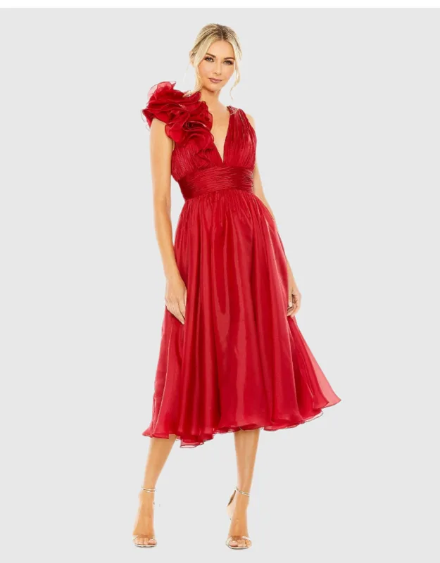 Mac Duggal Red Sleeveless Chiffon A-line Tea Length Cocktail Dress In With One Shoulder Gown And Sheer Organza Overlay
