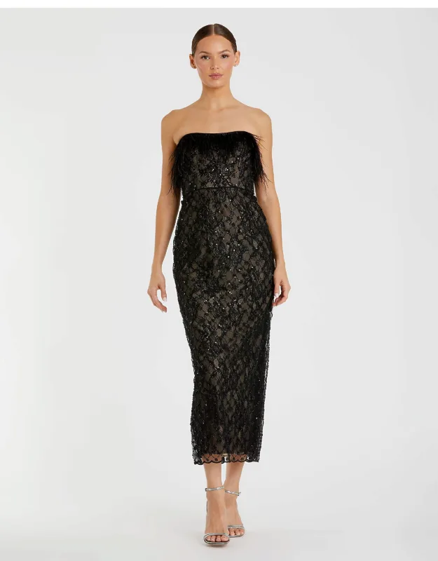 Mac Duggal Black Embellished Feather Strapless Column Dress With Elegant Lace Fabric And Luxurious Touch