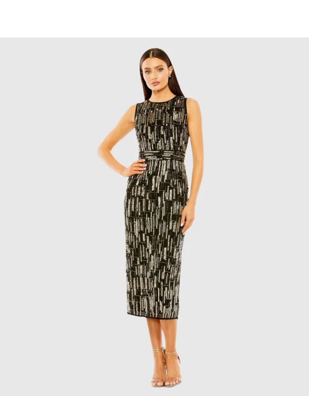 Abstract Beaded Sleeveless Midi Dress