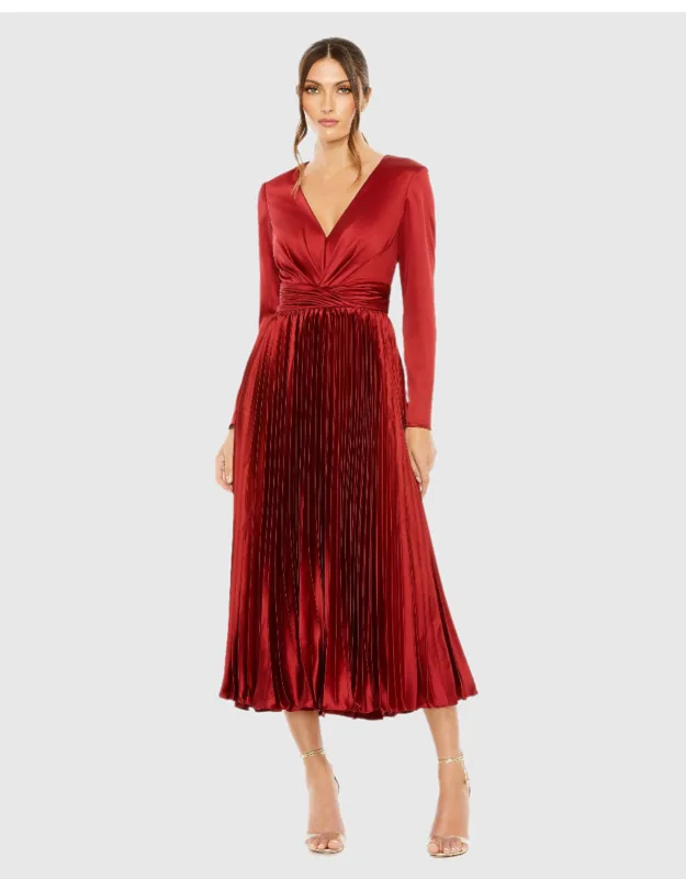 Pleated Long Sleeve V-neck Dress
