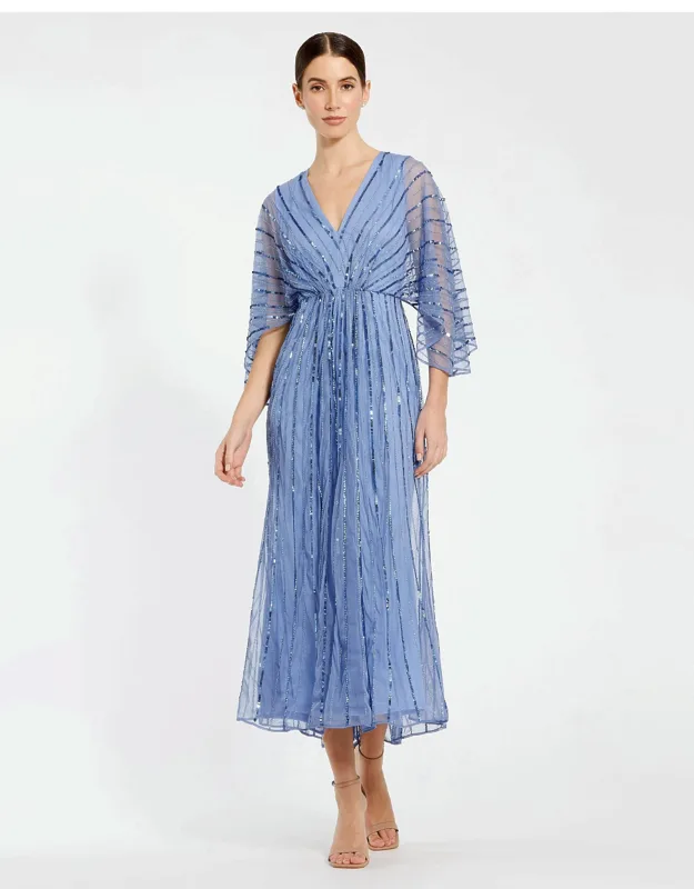 Beaded Striping Kimono Sleeve V Neck Dress