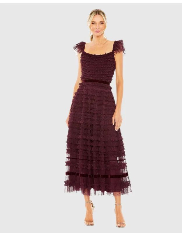 Ruffle Cap Sleeve Tiered Midi Dress With Velvet Ribbon Belt And Concealed Back Zipper