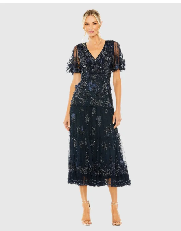 Floral Embellished Flutter Sleeve Tiered Wedding Guest Dress