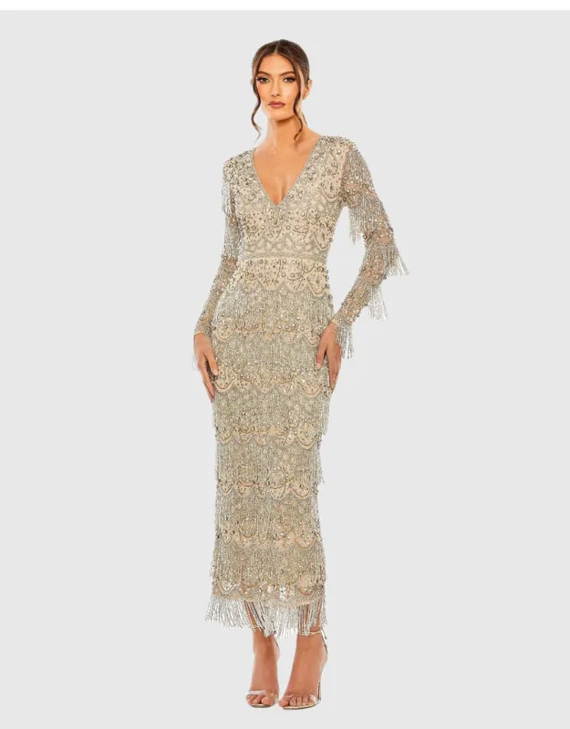 V Neck Beaded Fringe Embellished Dress