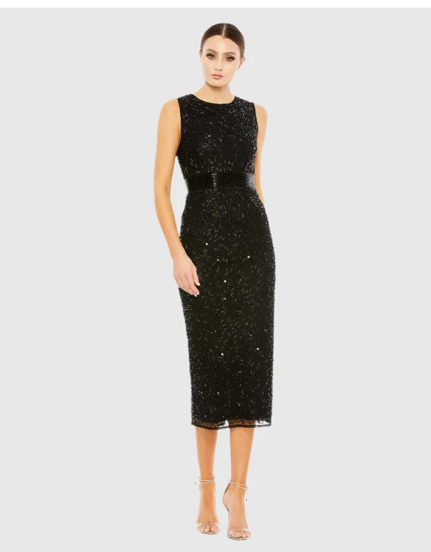 Mac Duggal Black Geometric Embellished Column Dress With Hand-stitched Sequins And Beaded Waist Detail