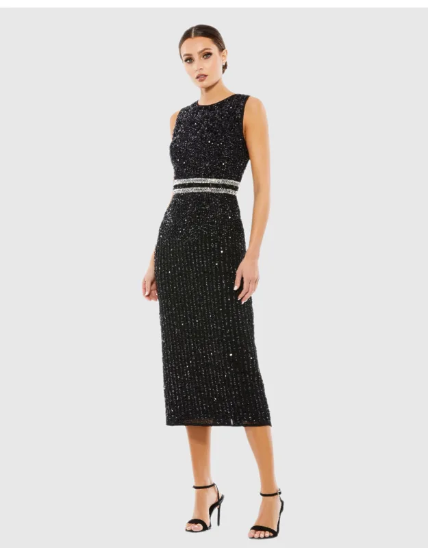 Mac Duggal Sleeveless High Neck Beaded Midi Sheath Dress With Flattering Hand-beaded Waist And Back Vent Slit