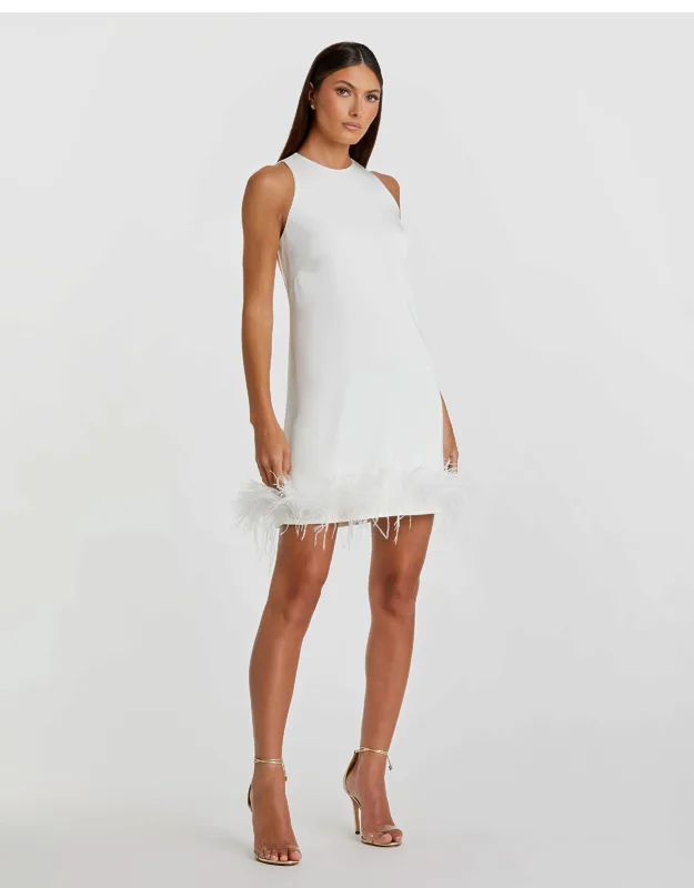 Feathered Hem High Neck Sleeveless A-line Wedding Guest Dress