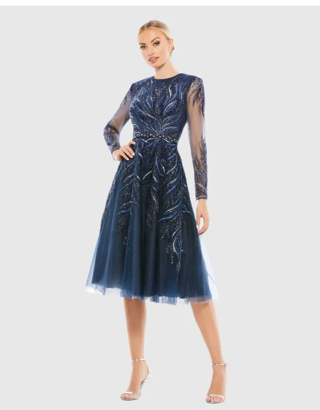 Embellished Tea-length Illusion Cocktail Dress