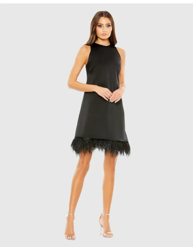 Feathered Hem High Neck Sleeveless A Line Wedding Guest Dress