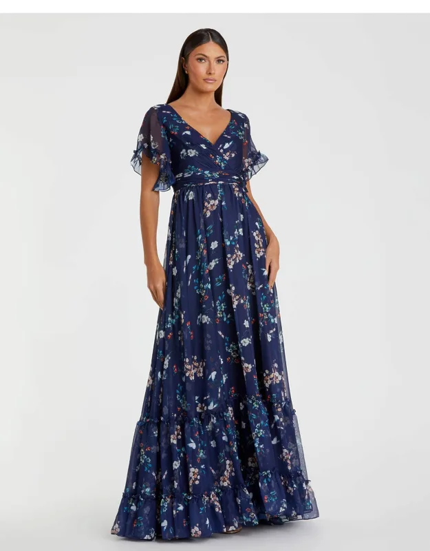 Flounce Sleeve Floral Maxi Wedding Guest Dress