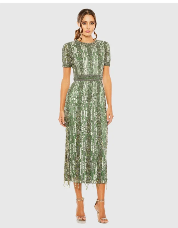 High Neck Short Sleeve Crystal Fringe Column Dress With Beaded Waist Detailing And Back Vent Slip