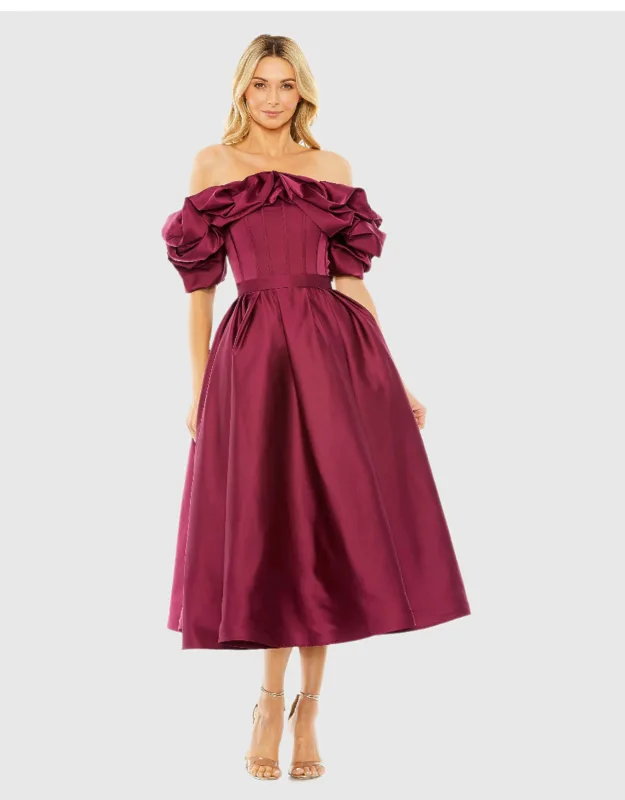 Mac Duggal Off The Shoulder Tea Length Dress With Luxurious Satin Fabric And Elegant Neckline