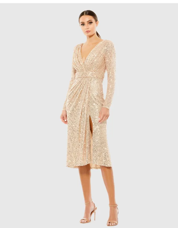Mac Duggal Sequined Long Sleeve Midi Dress With V-neck And Front Slit