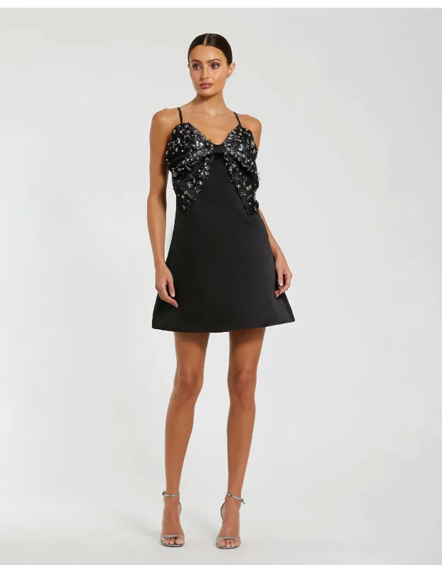 Sleeveless Satin A-line Beaded Bow Mini Dress