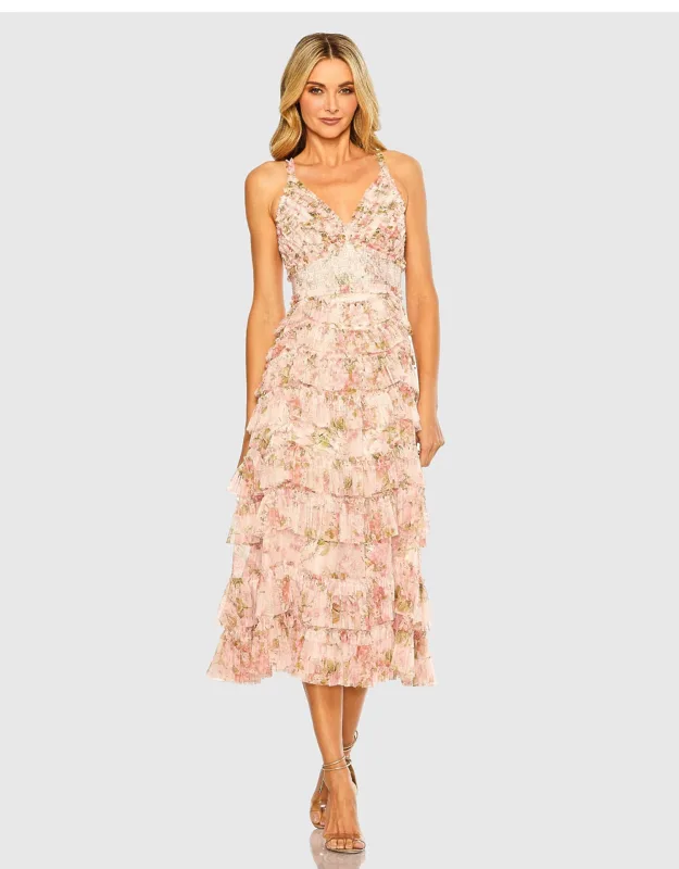 Sleeveless V Neck Floral Mesh Ruffle Midi Dress