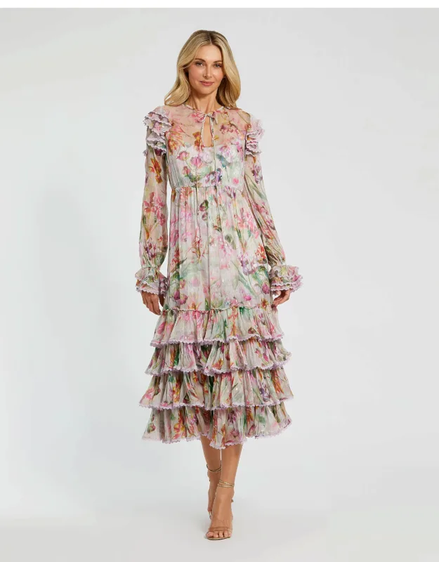 Multicolor Long Sleeve Tie Neck Ruffle Detail Floral Dress