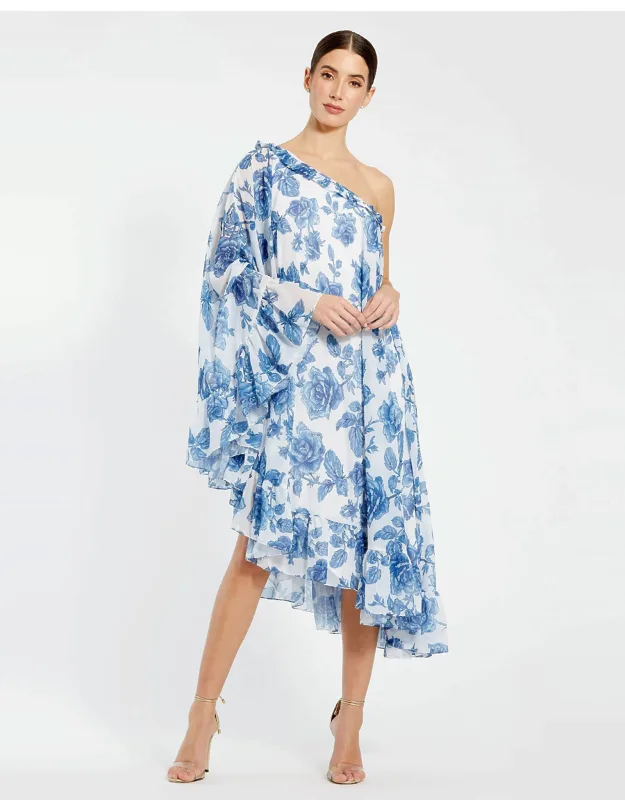 Floral Print One Shoulder Cape Dress