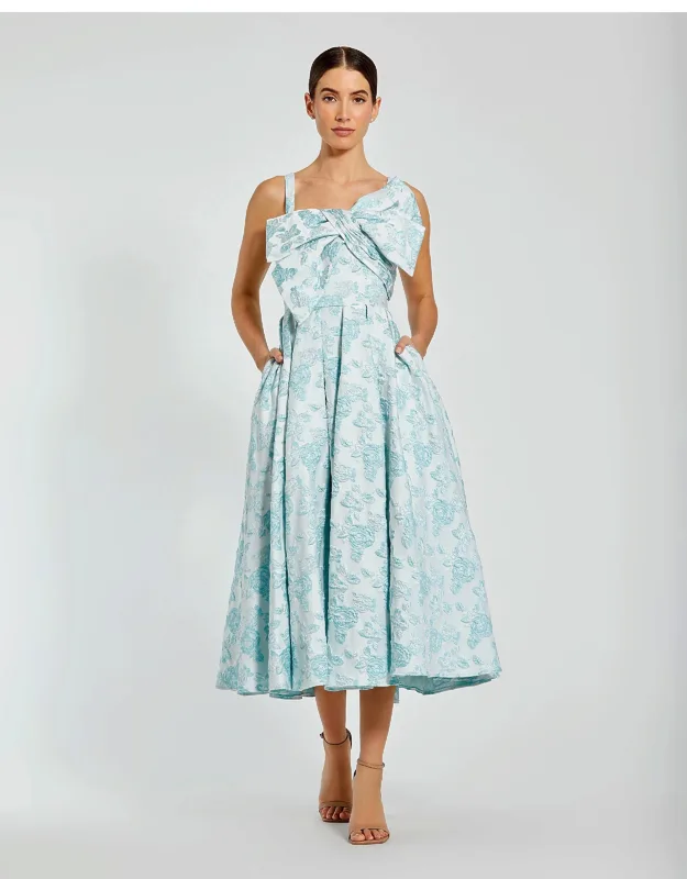 Sleeveless Bow Detail Floral Brocade Dress