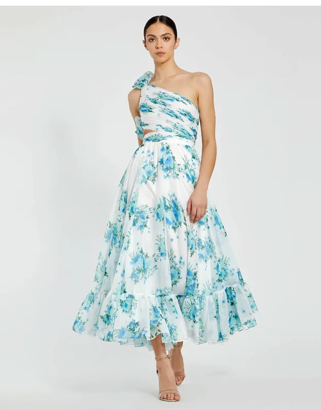 One Shoulder Ruffle Cut-out Chiffon Wedding Guest Midi Dress