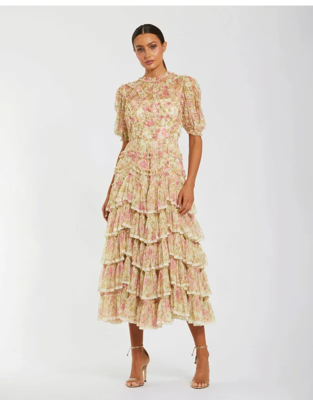 Lace Trim Printed Mesh High Neck Midi Dress