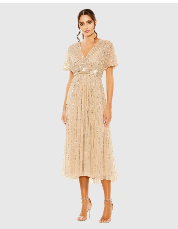 A Line Embellished Short Sleeve Dress With Intricate Embellishments And Sequin Detail
