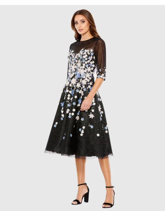 Floral Embroidered A-line Tea-length Cocktail Dress