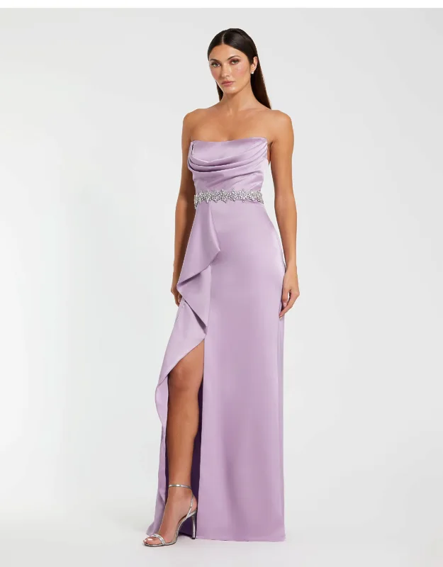 Strapless Satin Maxi Gown With Embellished Belt Detail