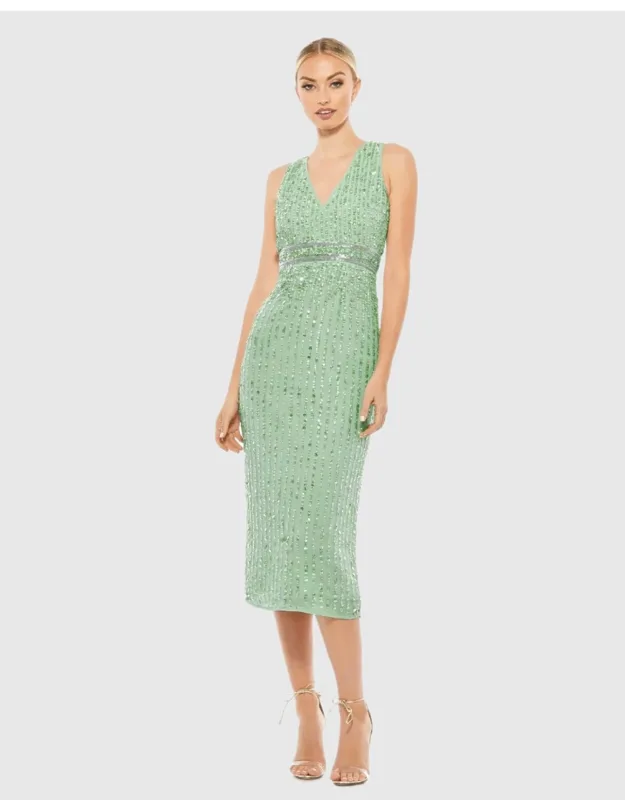 Sequined Sleeveless V-neck Midi Sheath Dress