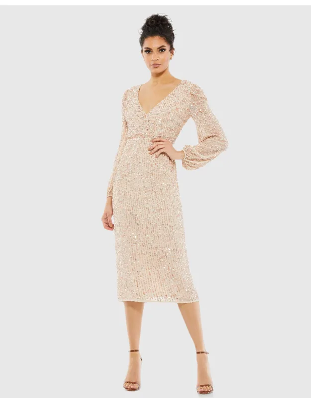 Sequined Illusion Puff Sleeve V Neck Wedding Guest Midi Dress