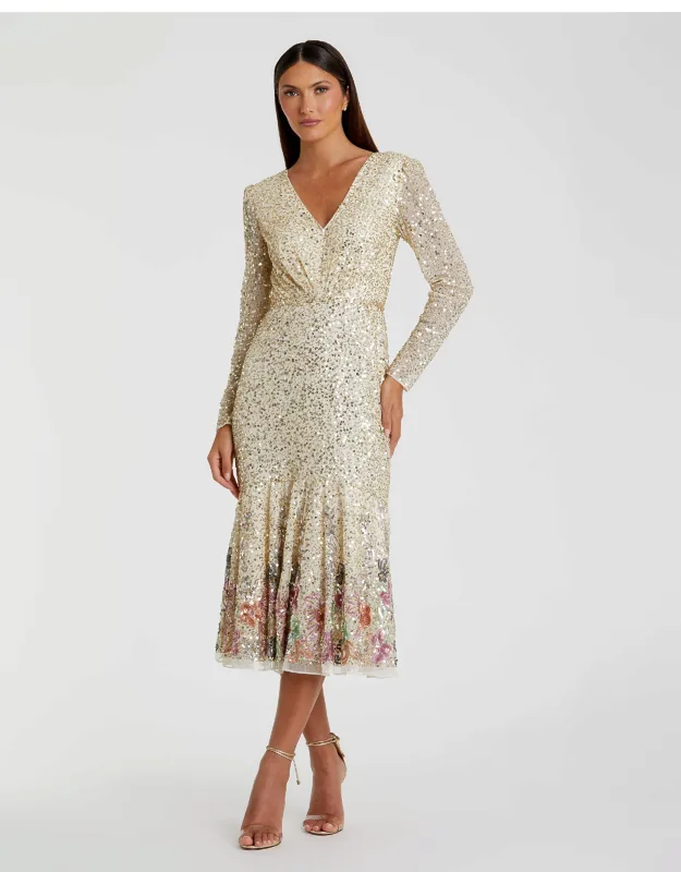 Mac Duggal Faux Wrap Long Sleeve Dress With Beaded Waist Detail And Semi-sheer Sleeves