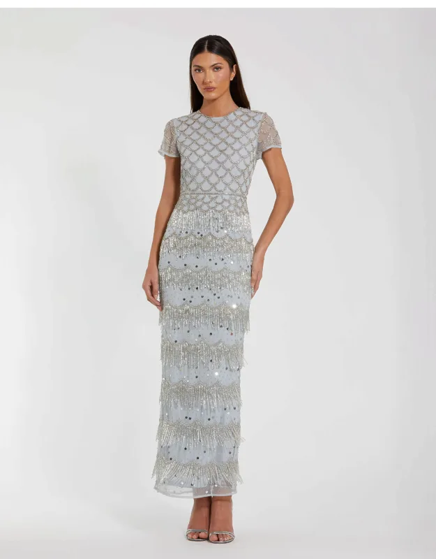 Fringed Embellished Mesh Short Sleeve Ankle Wedding Guest Dress