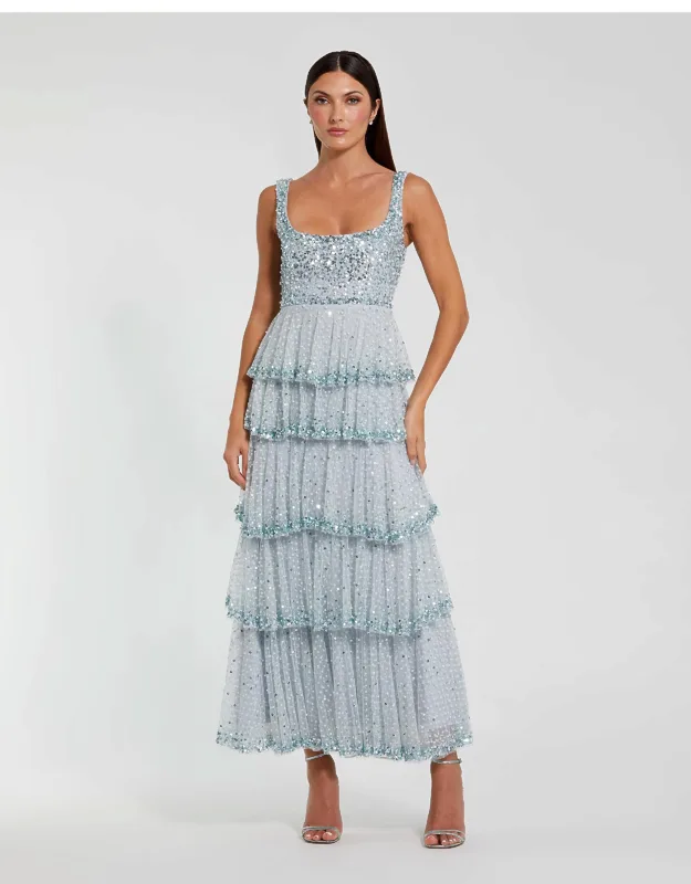 Embellished Net Tiered Ruffle Scoop Neck Dress