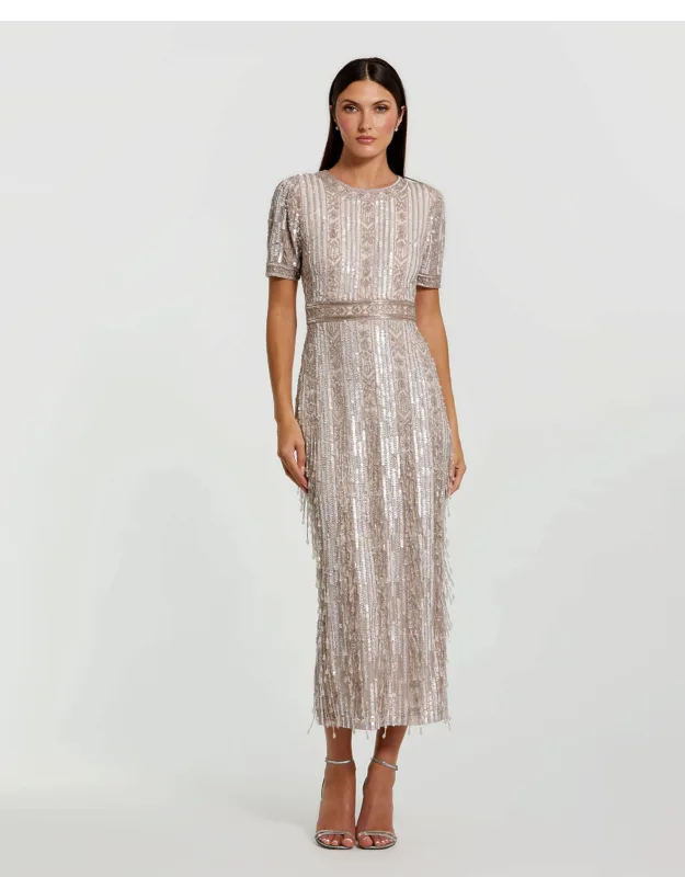 Mac Duggal High Neck Short Sleeve Sheath Dress With Beaded Waist Detailing And Back Vent Slip