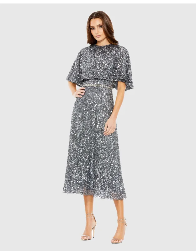 Embellished Cape High Neck Wedding Guest Midi Dress