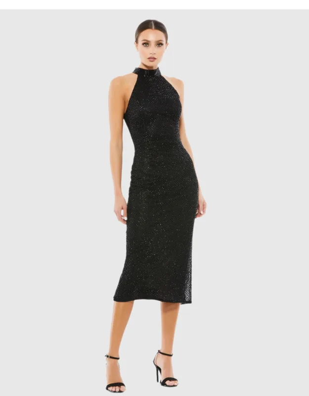 High Neck Halter Sleeveless Wedding Guest Midi Dress