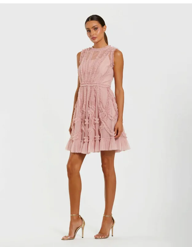 Mesh Micro Ruffle High Neck Mini Dress