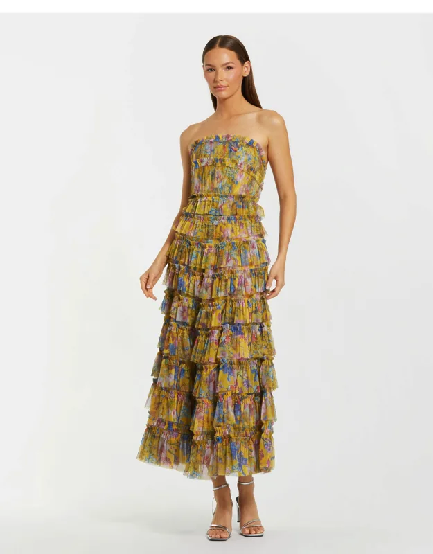Ruffle Mesh Strapless Ankle Wedding Guest Dress