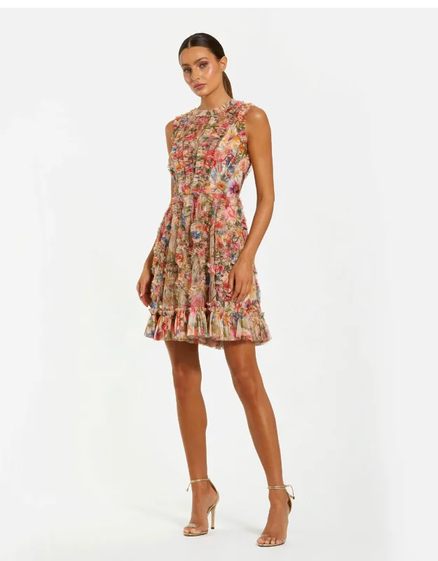 Multicolor Mesh Micro Ruffle High Neck Mini Dress