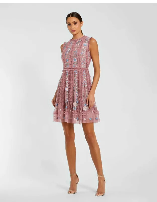 Sleeveless High Neck Embroidered Mini Dress