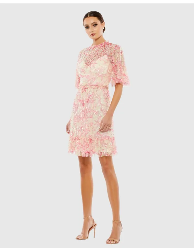 Flounce Sleeve Floral Embellished Dress