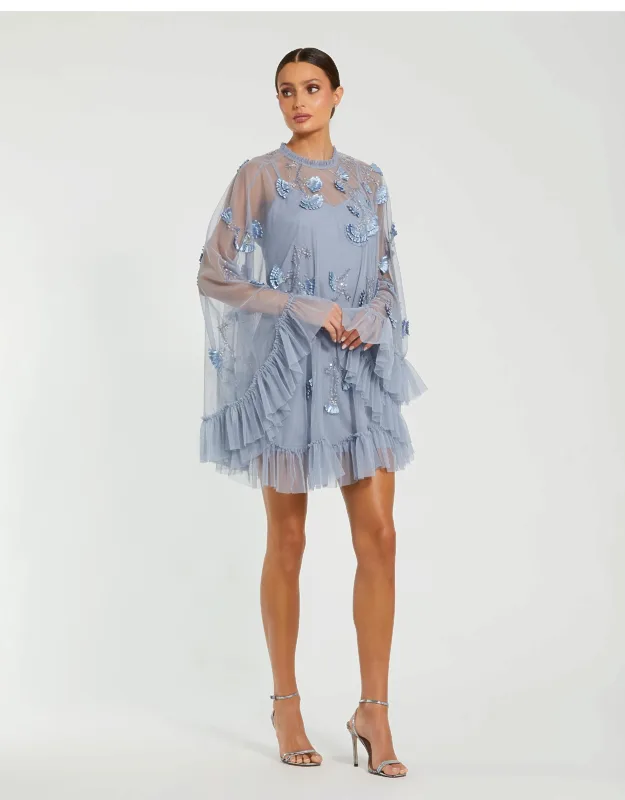 Embellished Long Flare Sleeve Mesh Trapeze Dress