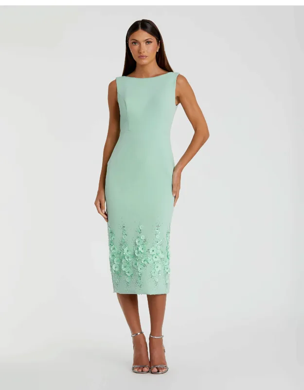 Mac Duggal Green Crepe Sleeveless Wedding Guest Midi Dress With Flower Beading