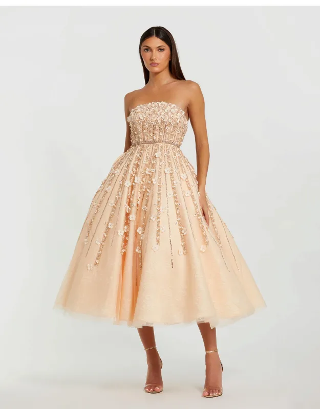 Embellished Lace Strapless Midi A Line Wedding Guest Dress