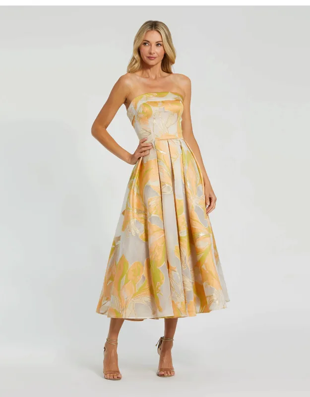 Strapless Brocade Midi Dress With Pockets