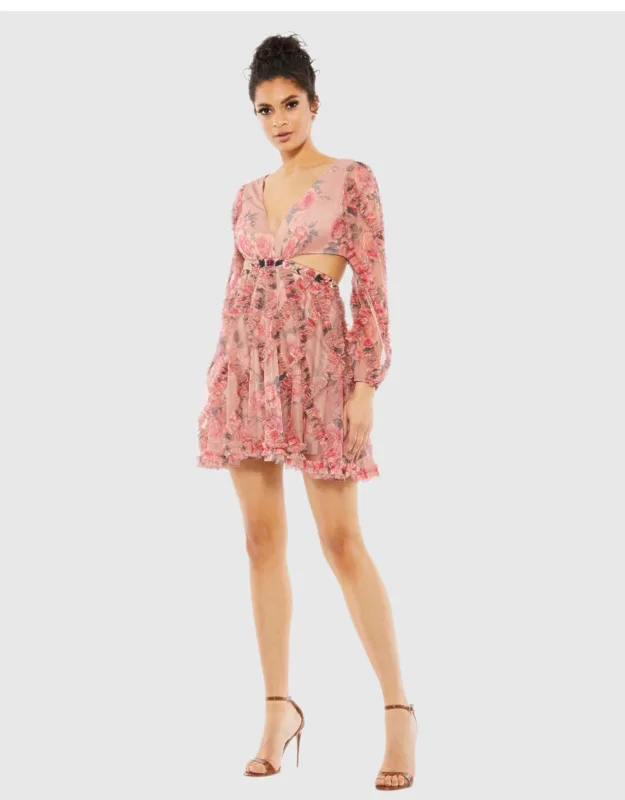 Long Sleeve V Neck Cut Out Mesh Wedding Guest Mini Dress