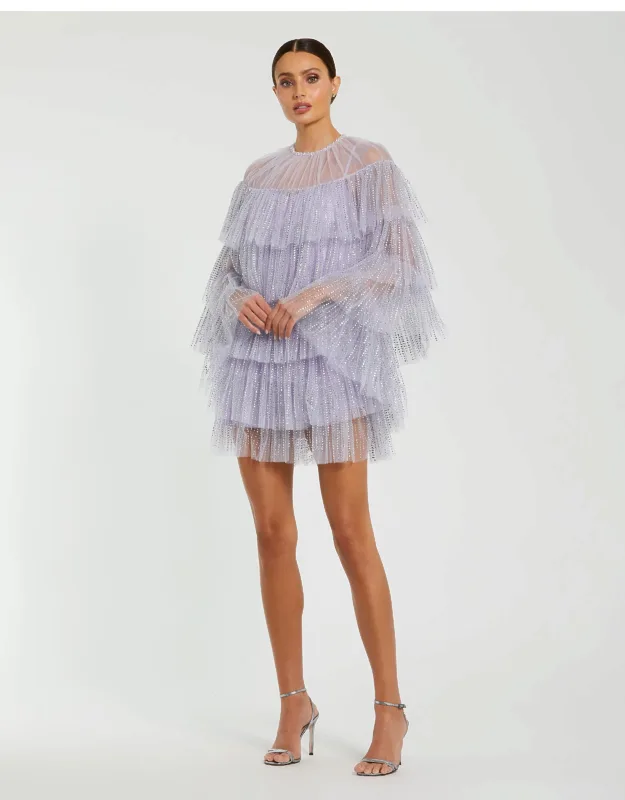 High Neck Tiered Ruffle Beaded Cape Dress