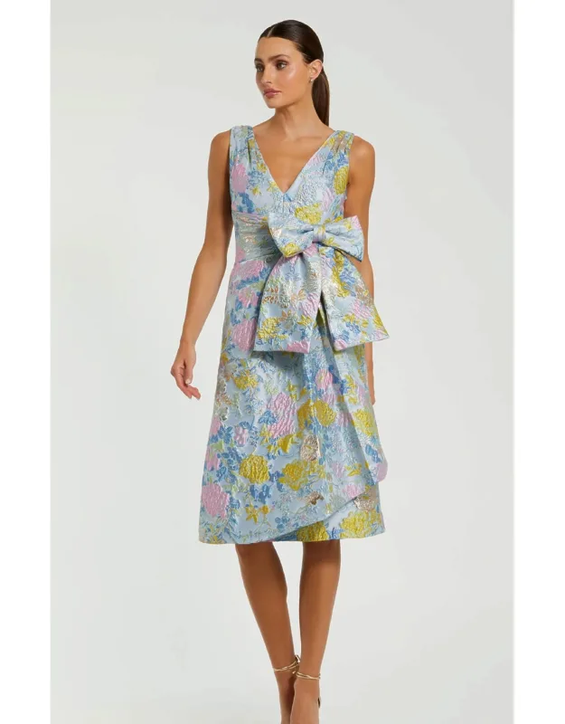 Floral Brocade Sleeveless Midi Dress With Bow