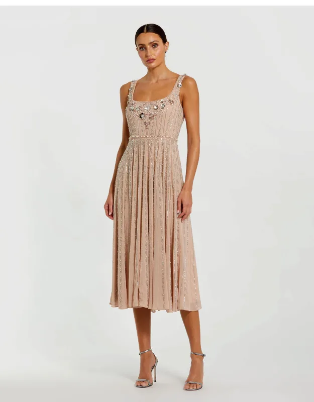 Sleeveless Scoop Neck Beaded Georgette Wedding Guest Midi Dress