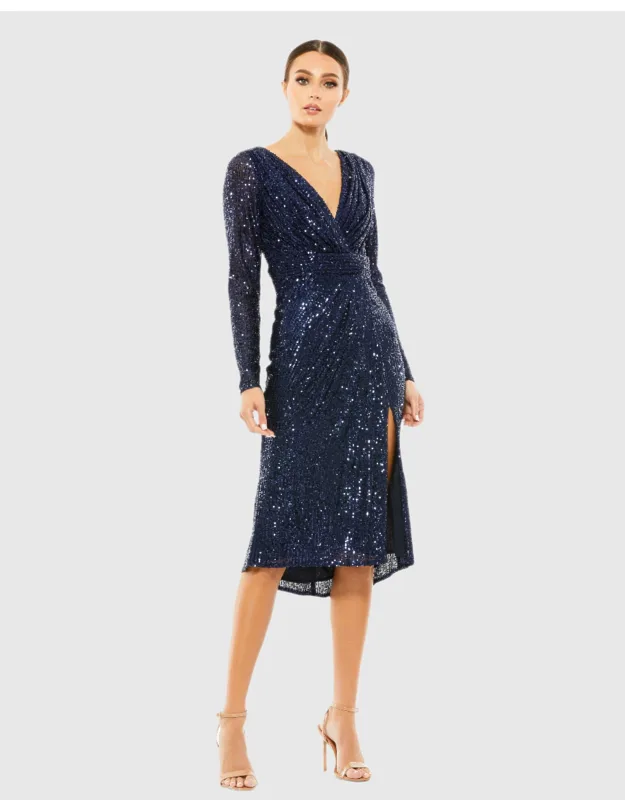 Navy Sequined Midi Dress With V-neck And Front Slit