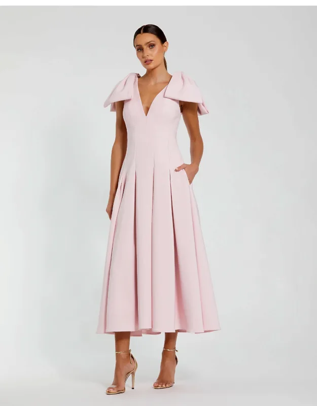 Mac Duggal Pink A Line Midi Dress With Bow Straps Crepe Fabric And Pockets